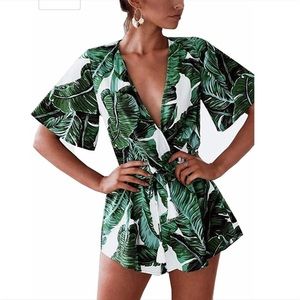 Women's Plunge V Neck Romper Leaf Print
